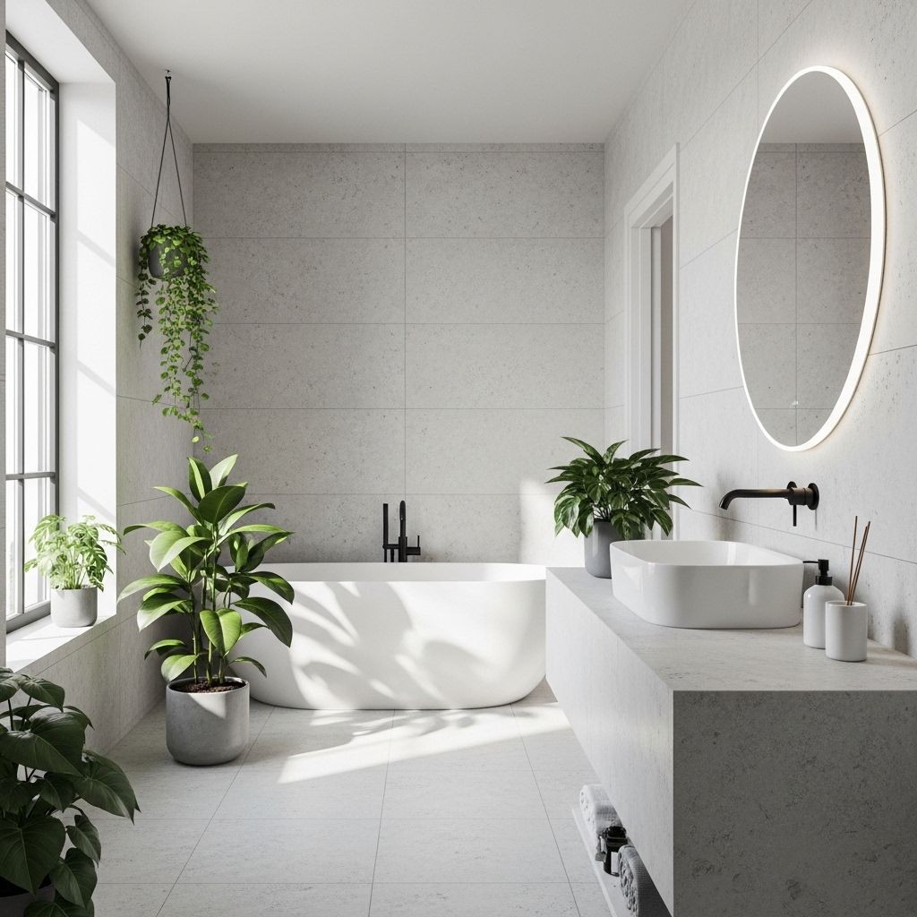 Skandinaavinen kylpyhuone vaaleine kivineen ja kasveinen minimalinen tyyli, luonnonvalo ikkunasta, rauhallinen tunnelma ja selkeys